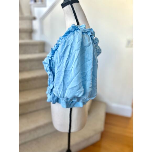 Glam Light Blue Satin Gathered Ruched Ruffle Puff Sleeve Cropped Top Regency - Picture 3 of 7